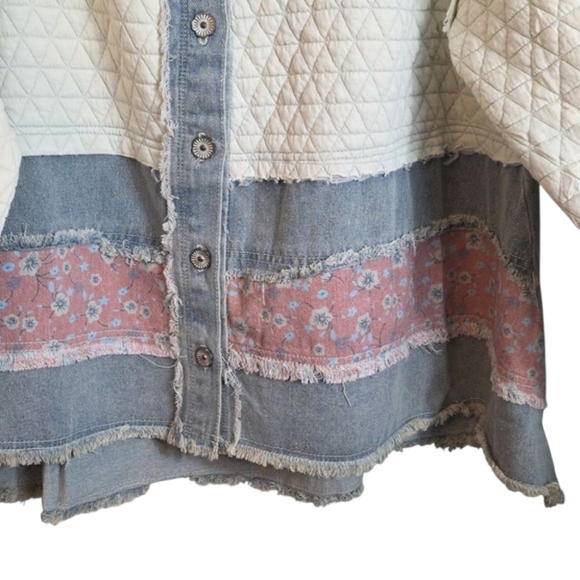 POL Bohemian Patchwork Quilted Denim Jacket Large Crochet Granny Square Trim - Picture 7 of 16